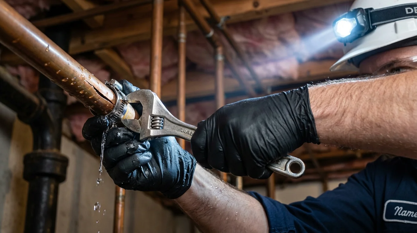 Emergency pipe clamp repair being performed by a Johns Plumbing LLC plumber in Rouses Point